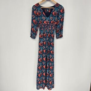 Maeve Anthropologie Maxi Dress Women 2P Navy Blue Pomegranate Floral‎ Smocked